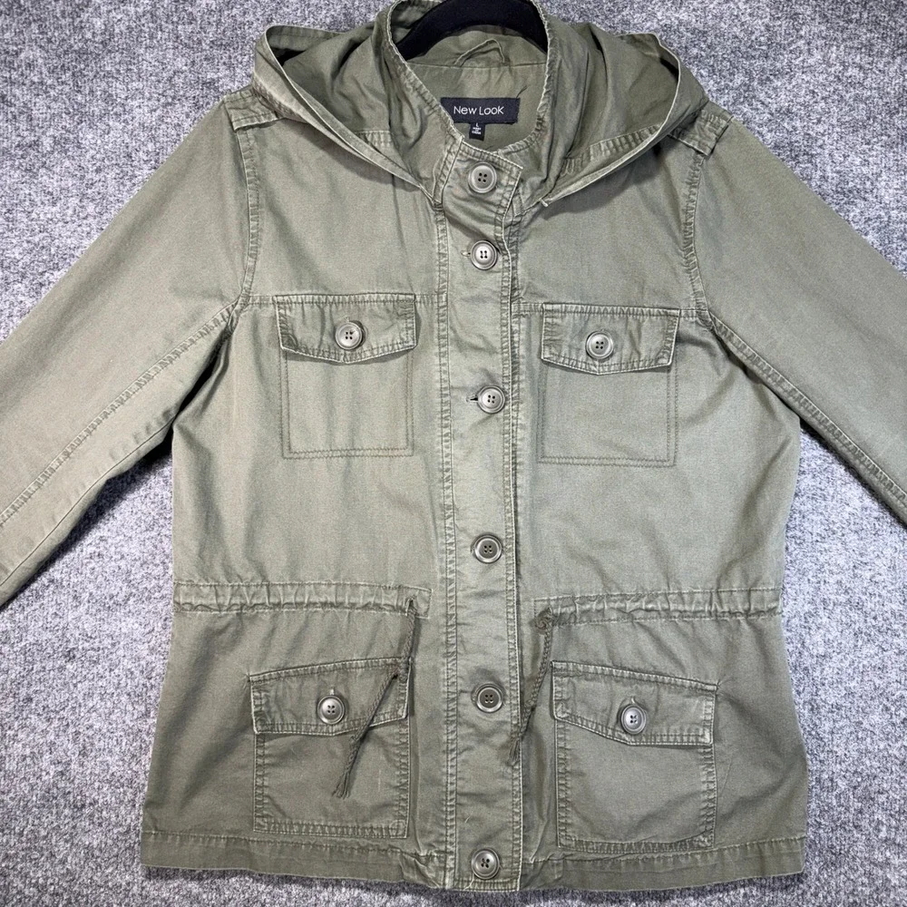 New Look Utility Field Jacket Womens Large Green‎ Hooded Cotton Military Coat